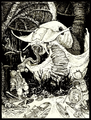 Ica Oilypride the Assault of Onslaught was a forgotten beast. A huge hairy slug. It has thin wings of stretched skin and it undulates rhythmically. Its pine green hair is unkempt. Beware its webs! (post)